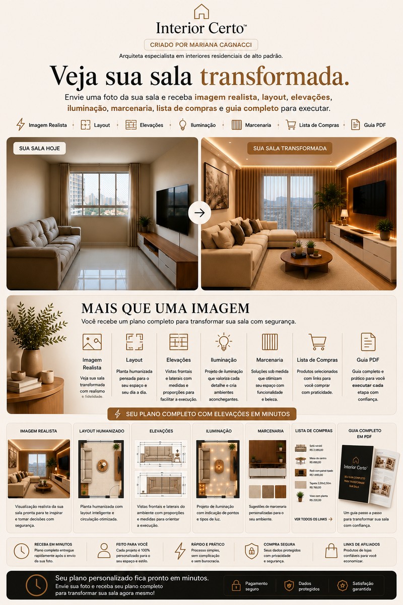 Tudo que você recebe no Interior Certo: imagem realista, layout, iluminação, marcenaria, lista de compras e guia em PDF
